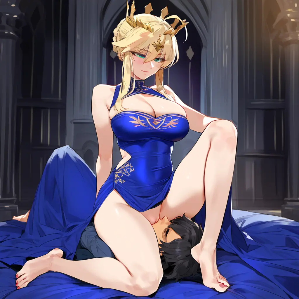 Image big_breasts,breasts,female,ai_generated,blonde_hair,green_eyes,looking_down,femdom,fate_(series),crown,long_legs,artoria_pendragon,artoria_pendragon_(lancer),geosan