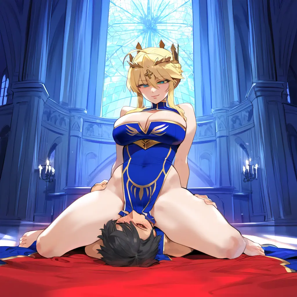 Image big_breasts,breasts,female,ai_generated,blonde_hair,green_eyes,looking_down,femdom,fate_(series),crown,long_legs,artoria_pendragon,artoria_pendragon_(lancer),geosan