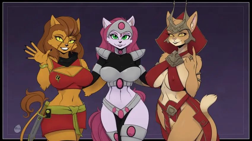 Image female,looking_at_viewer,tail,furry,cat_ears,cat_girl,catgirl,pink_hair,anthro,furry_female,green_eyes,brown_hair,cat_tail,alternate_version_available,fur,revealing_clothes,2024,anthrofied,3girls,anthro_female,anthro_only,female_anthro,tan_fur,white_fur,trio,waving,crossover,revealing_clothing,alien,alien_girl,beckoning,2024s,gold_eyes,golden_eyes,no_hair,gold_highlights,waving_at_viewer,star_trek,red_clothes,nude_version_available,gesturing_at_viewer,gold_fur,yawg,alien_cat,bucky_o'hare_(series),caitian_(species),clothed_variant,empress_jasana,jenny_(bucky_o'hare),master_of_orion,mrrshan,pink_crystals,shiboline_m'ress,star_trek_the_animated_series