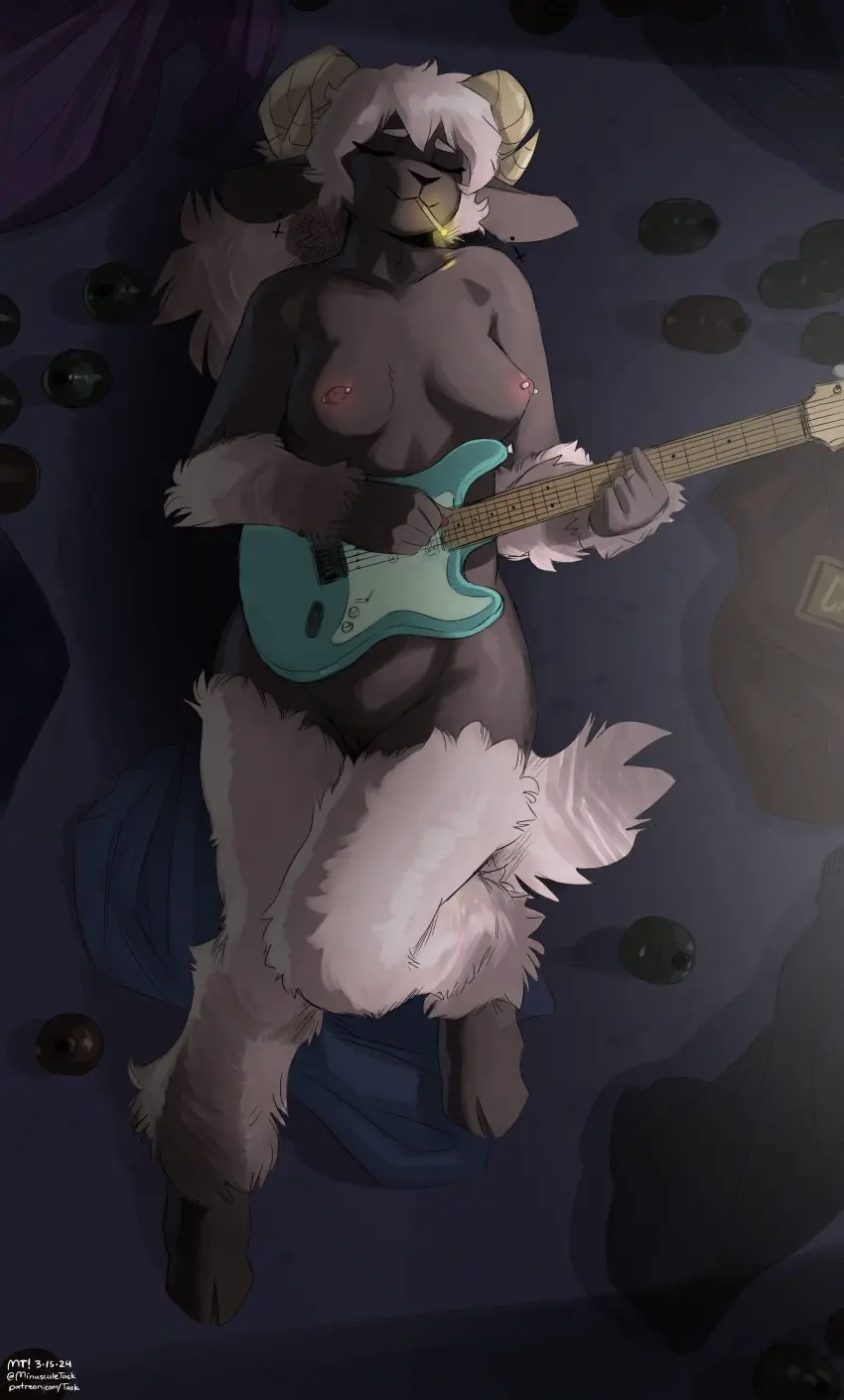 Image breasts,female,hi_res,nipples,smile,solo,white_hair,pussy,lying,on_back,hair,anthro,piercing,absurd_res,closed_eyes,fur,genitals,mammal,horn,nipple_piercing,bovid,cloven_hooves,hooves,cigarette,caprine,sheep,smoking,casual_nudity,the-minuscule-task,object_in_mouth,curved_horn,domestic_sheep,wool_(fur),cigarette_in_mouth,smoking_cigarette,guitar,musical_instrument,plucked_string_instrument,string_instrument,playing_music,electric_guitar,playing_guitar