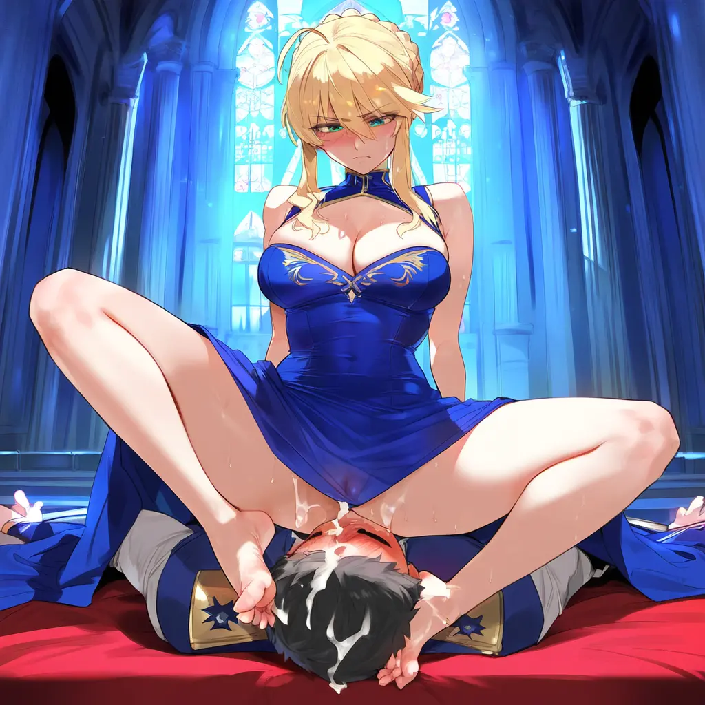 Image big_breasts,breasts,female,cum_in_mouth,ai_generated,blonde_hair,green_eyes,looking_down,femdom,fate_(series),crown,long_legs,artoria_pendragon,artoria_pendragon_(lancer),geosan