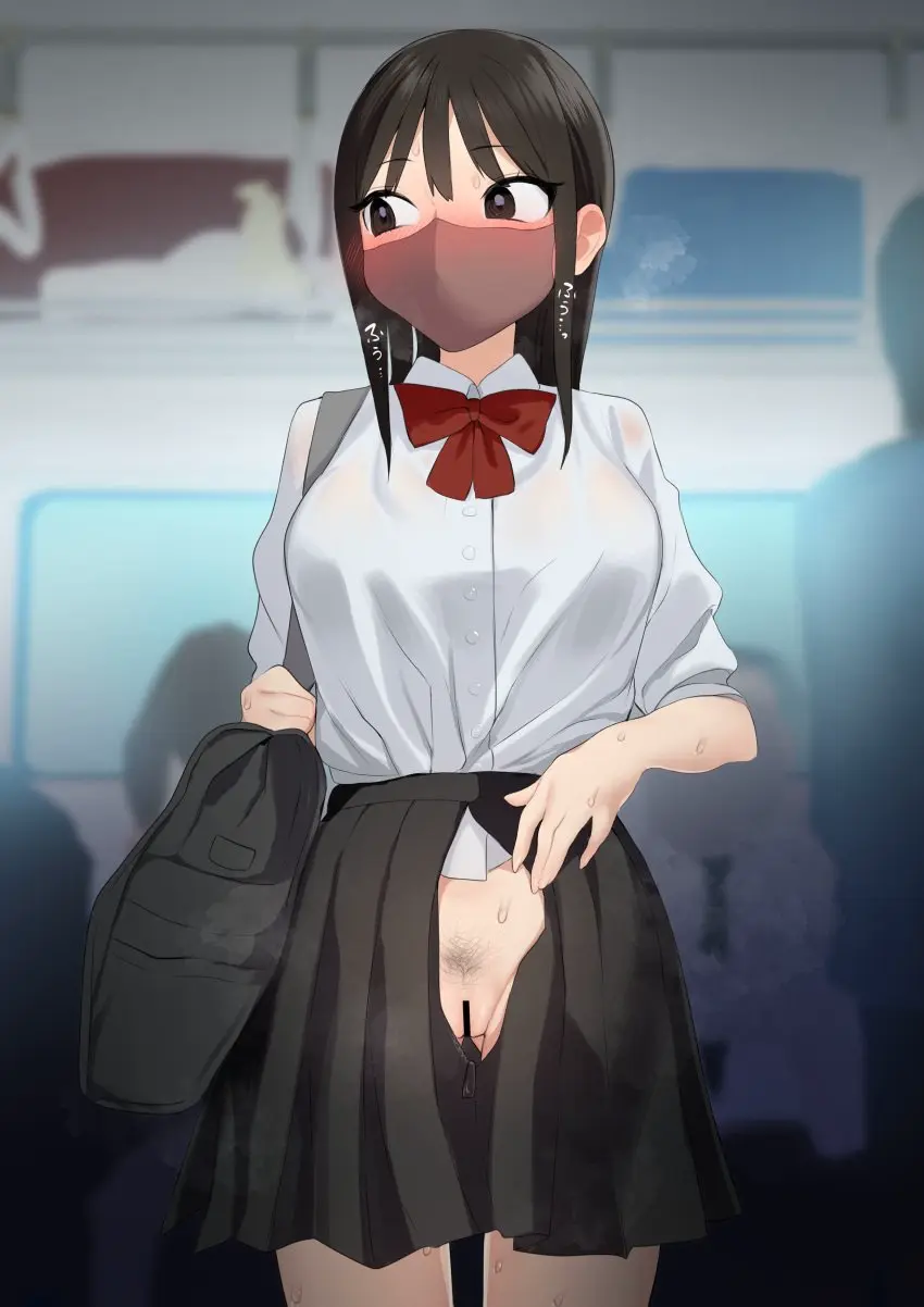 Image 1girls,blush,bow,breasts,collared_shirt,cowboy_shot,female,highres,long_sleeves,open_clothes,shirt,wing_collar,absurdres,black_hair,pussy,sweat,female_focus,ass_visible_through_thighs,medium_breasts,original,school_uniform,censored,pubic_hair,public,miniskirt,skirt,no_panties,black_eyes,nose_blush,dress_shirt,white_shirt,bar_censor,pleated_skirt,ear_blush,female_pubic_hair,taut_clothes,bowtie,mask,mouth_mask,black_skirt,bag,exhibitionism,train_interior,looking_to_the_side,red_bowtie,red_bow,public_indecency,crowd,taut_shirt,averting_eyes,sleeves_pushed_up,shirt_tucked_in,school_bag,open_skirt,brown_mask,grey_bag,raenoreto
