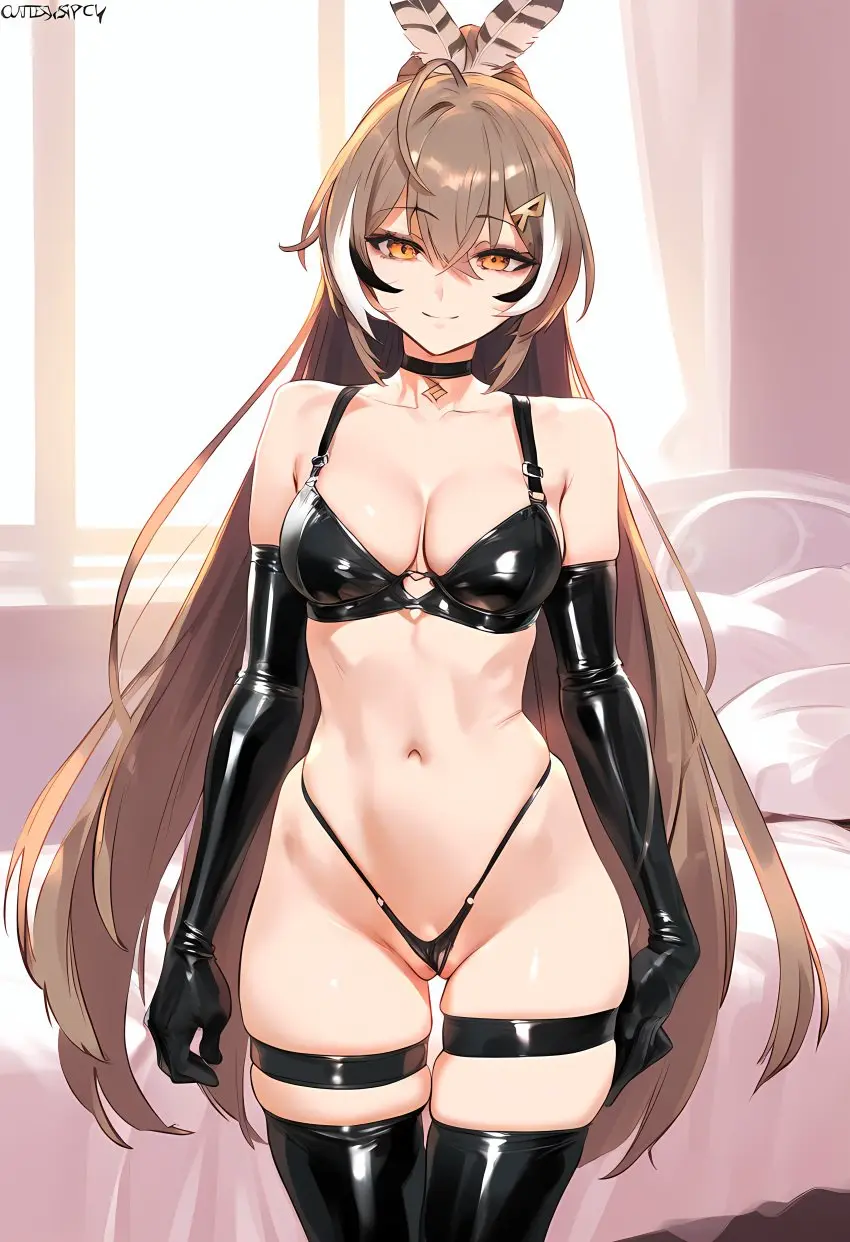 Image big_breasts,breasts,female,female_only,black_legwear,virtual_youtuber,ai_generated,brown_hair,hololive,high_heels,latex,hololive_english,latex_gloves,hololive_english_-council-,hololive_english_-promise-,latex_thighhighs,golden_eyes,black_armwear,nanashi_mumei,arm_length_gloves,geosan