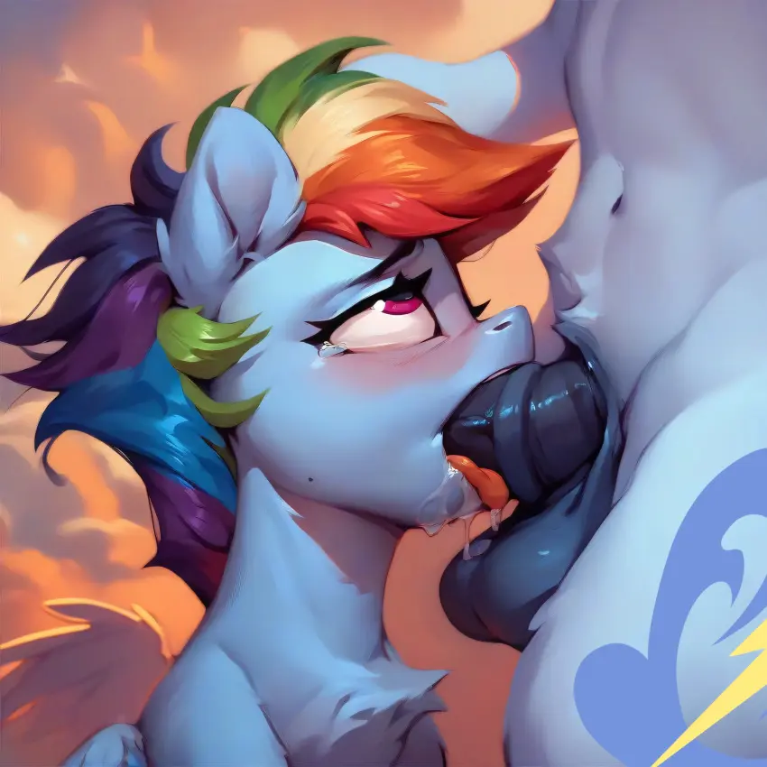 Image blush,female,oral,penis,ai_generated,balls,drooling,blowjob,my_little_pony,horsecock,rainbow_dash_(mlp),equine,pony,soarin_(mlp)