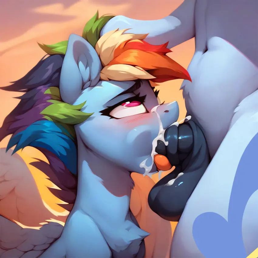 Image blush,female,cum,oral,penis,ai_generated,balls,blowjob,my_little_pony,horsecock,rainbow_dash_(mlp),equine,pony,soarin_(mlp)