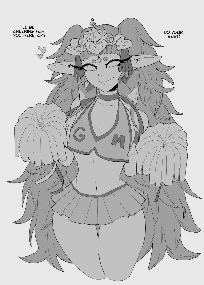 Image 1girls,breasts,female,female_only,long_hair,open_mouth,smile,solo,very_long_hair,bangs,choker,small_breasts,thighs,bare_midriff,bare_thighs,cleavage,midriff,text,pointy_ears,nintendo,twintails,monochrome,miniskirt,skirt,revealing_clothes,alternate_costume,heart,fire_emblem,fire_emblem:_three_houses,english_text,hearts_around_head,greyscale,cheerleader,sothis_(fire_emblem),bbdouble