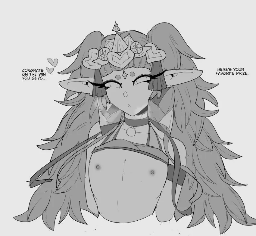 Image 1girls,breasts,breasts_out,female,female_only,long_hair,looking_at_viewer,nipples,open_mouth,solo,very_long_hair,bangs,choker,small_breasts,text,pointy_ears,heavy_breathing,half-closed_eyes,nintendo,twintails,monochrome,upper_body,alternate_costume,fire_emblem,fire_emblem:_three_houses,english_text,true_flat_chest,flashing,naughty_face,greyscale,cheerleader,sothis_(fire_emblem),reward,bbdouble
