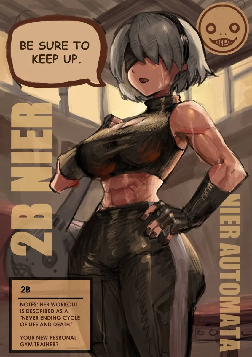 Image 1girls,breasts,female,highres,open_mouth,solo,white_hair,absurdres,gloves,short_hair,sweat,muscular,gym,hairband,english_text,fingerless_gloves,abs,speech_bubble,turtleneck,muscular_female,tank_top,blindfold,toned,bag,black_blindfold,nier:_automata,yorha_2b,nier_(series),emil_(nier),saiykik,duffel_bag