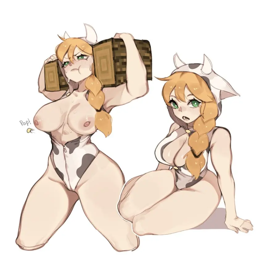 Image 1girls,breasts,female,female_only,large_breasts,solo,white_background,thighs,wide_hips,orange_hair,green_eyes,cow_print,minecraft,high_resolution,very_high_resolution,alex_(minecraft),samma9