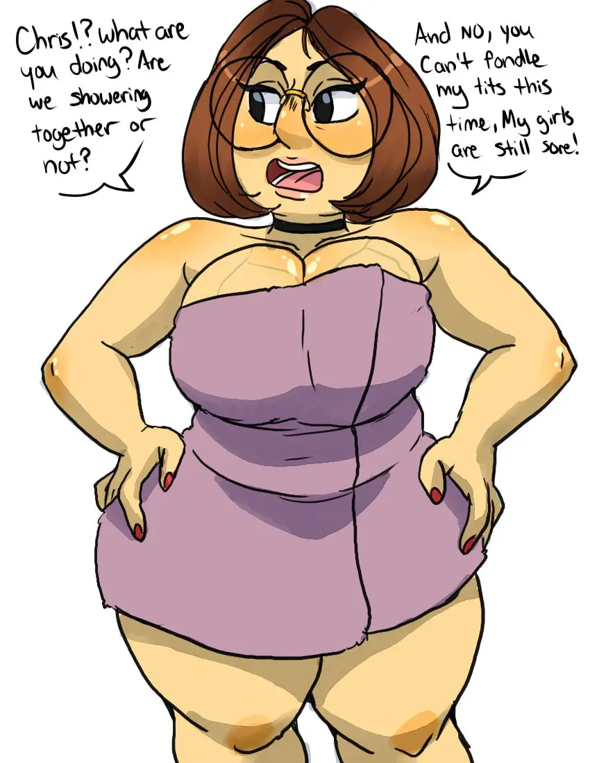 Image breasts,female,large_breasts,short_hair,choker,thick_thighs,wide_hips,glasses,text,brown_hair,incest,red_nails,hands_on_hips,towel_only,veiny_breasts,family_guy,meg_griffin,seanmalikdesigns,smmyart