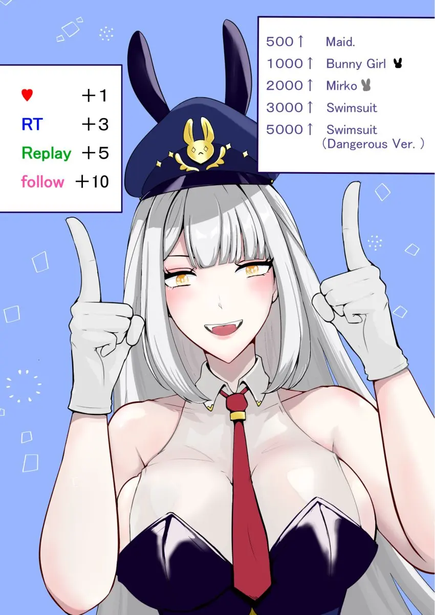 Image 1girls,breasts,female,large_breasts,long_hair,open_mouth,solo,white_hair,blue_background,hat,smiling,smiling_at_viewer,virtual_youtuber,sideboob,vtuber,bunny_ears,upper_body,english_text,bunnysuit,necktie,vshojo,pointing,necktie_between_breasts,gold_eyes,zentreya,strip_game,pointing_up