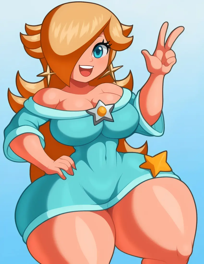 Image big_breasts,breasts,clothed,female,female_only,human,long_hair,no_bra,open_mouth,smile,solo,blue_eyes,navel,earrings,huge_ass,thick_thighs,ai_generated,cleavage,eyelashes,solo_female,solo_focus,teeth,gradient_background,blonde_hair,mario_(series),hand_on_hip,ass_focus,tiny_waist,star,huge_thighs,blue_dress,piercings,boob_window,casual,casual_nudity,one_eye_obstructed,peace_sign,hyper_thighs,princess_rosalina,navel_visible_through_clothes,virtuai