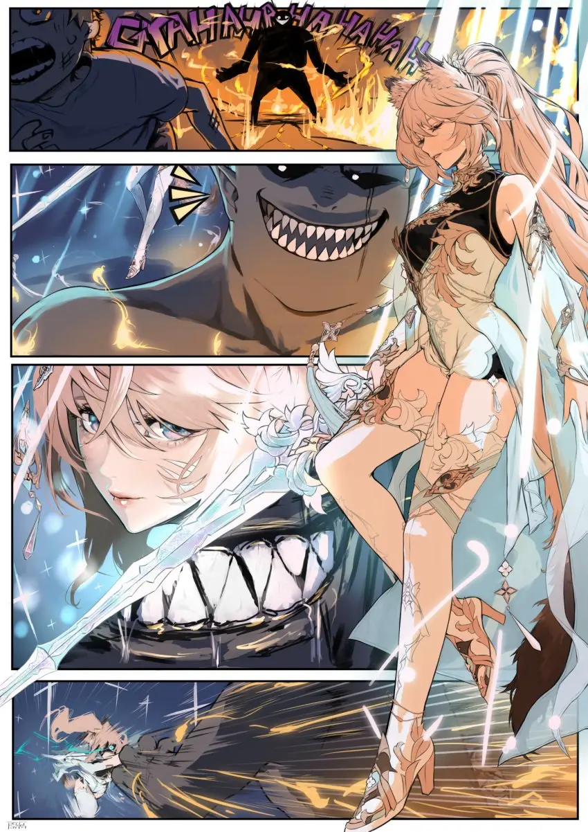 Image female,blue_eyes,ponytail,cat_ears,catgirl,tagme,blonde_hair,monster,pale_skin,comic_page,white_dress,tight_clothing,sword,shitappa0120
