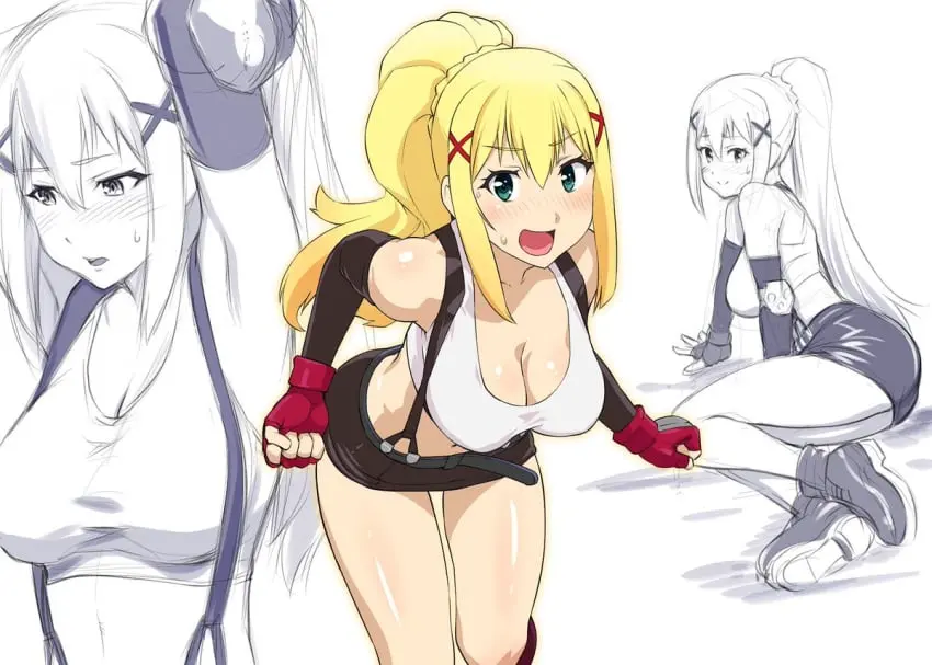 Image 1girls,blush,breasts,female,large_breasts,open_mouth,solo,blue_eyes,ponytail,cleavage,blonde_hair,miniskirt,final_fantasy,final_fantasy_vii,multiple_views,cosplay,darkness_(konosuba),kono_subarashii_sekai_ni_shukufuku_wo!,tifa_lockhart_(cosplay),ueyama_michirou