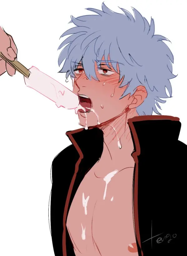 Image blush,open_mouth,open_shirt,white_hair,male,sweat,male_only,solo_focus,sexually_suggestive,suggestive_fluid,popsicle,phallic_symbol,gintama,gintoki_sakata,tttttengo