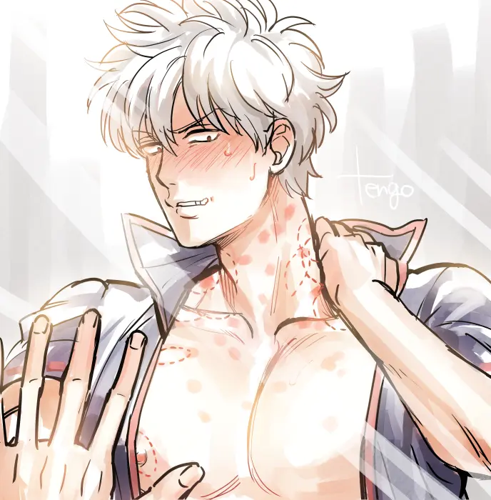 Image blush,open_shirt,solo,white_hair,male,male_only,cleavage,after_sex,pov,bite_mark,male_pov,pecs,upper_body,hickey,masculine,mirror,mirror_reflection,bite_marks,gintama,gintoki_sakata,hickey_marks,tttttengo