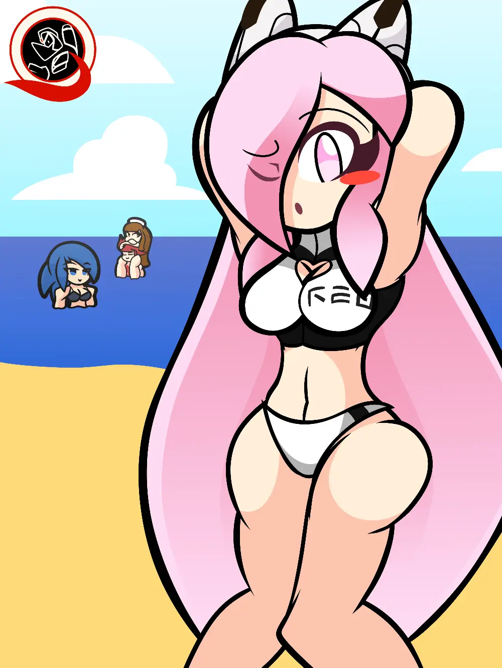 Image blush,female,light-skinned_female,long_hair,looking_at_viewer,1boy,male,colored,female_focus,beach,cat_ears,arms_behind_head,arms_up,color,headband,pink_hair,tagme,pink_eyes,one_eye_closed,swimsuit,blushing_at_viewer,3girls,swimwear,two_piece_swimsuit,beach_background,half_naked,half_nude,gwain_saga,ami_(gwain_saga),cat_ears_hairband,agni,deva_(gwain_saga),lanney,raymanx