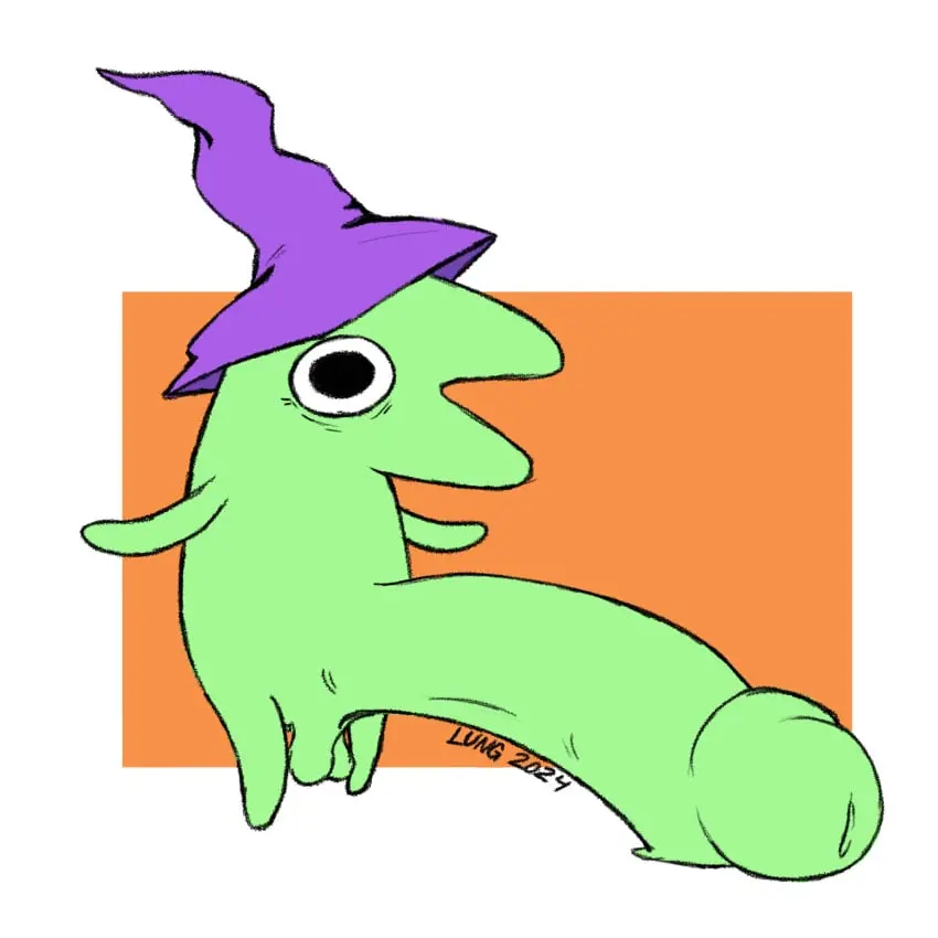 Image solo,1boy,male,penis,male_only,solo_focus,balls,testicles,artist_signature,small_but_hung,2024,green_body,non-human,toony,big_dick,non-human_only,small_balls,missing_eye,smiling_friends,purple_hat,glep_(smiling_friends),small_body,small_arms,small_legs,small_testicles