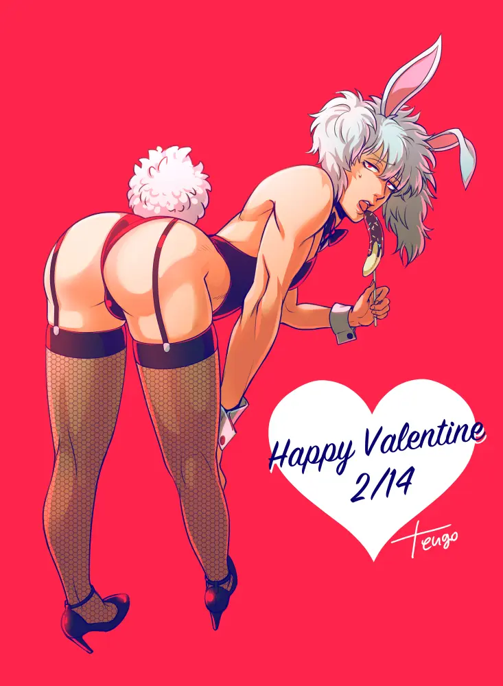 Image looking_at_viewer,red_eyes,solo,standing,white_hair,male,thighhighs,ass,big_ass,bubble_butt,looking_back,thick_thighs,muscular,muscular_male,crossdressing,male_only,thick_ass,stockings,bunny_ears,twintails,bent_over,high_heels,bunny_tail,bunnysuit,fishnets,playboy_bunny,feminine_male,girly,full_body,feminine,red_background,garter_straps,sexually_suggestive,male_playboy_bunny,masculine_crossdresser,wrist_cuffs,wig,valentine's_day,phallic_symbol,gintama,gintoki_sakata,canon_crossdressing,paako,banana,tttttengo