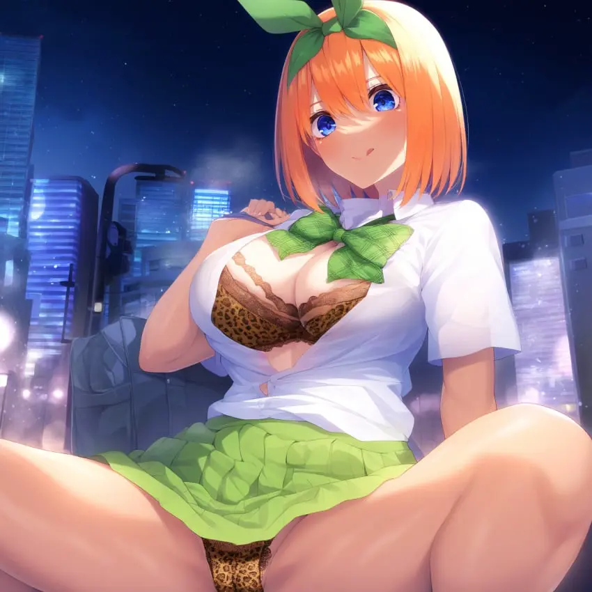 Image 1girls,bow,breasts,female,looking_at_viewer,open_clothes,solo,blue_eyes,short_hair,tongue_out,bra,panties,tongue,underwear,ai_generated,cleavage,orange_hair,solo_female,solo_focus,spread_legs,school_uniform,skirt,green_skirt,unbuttoned,leopard_print,leopard_print_bra,bag,leopard_print_panties,go-toubun_no_hanayome,nakano_yotsuba,homupanty