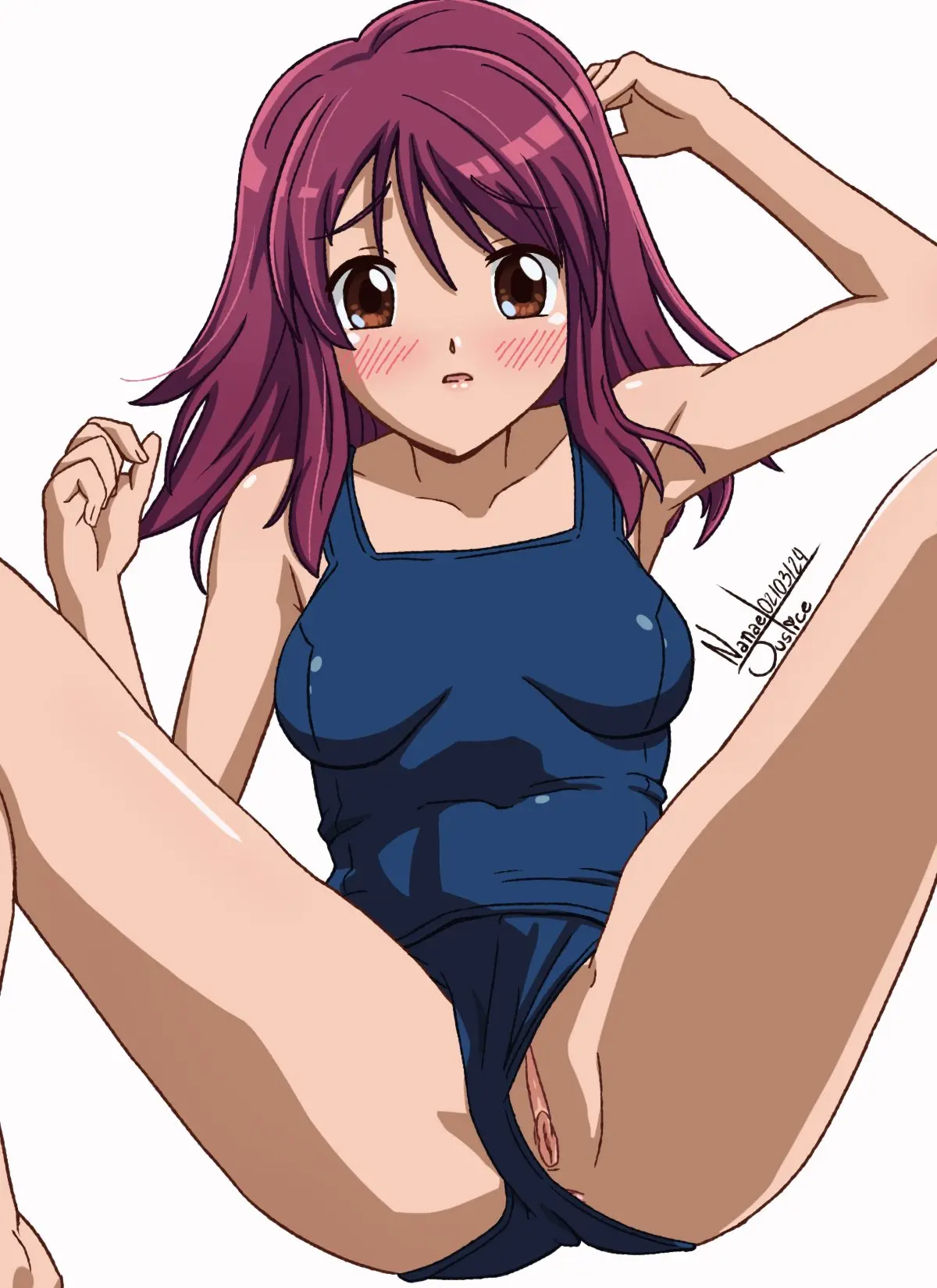 Image blush,breasts,brown_eyes,female,highres,long_hair,open_mouth,white_background,navel,pussy,ass,thighs,uncensored,armpits,artist_name,pink_hair,anus,medium_breasts,spread_legs,swimsuit,dated,commission,school_swimsuit,anus_peek,nanaeljustice,kaleido_star,naegino_sora