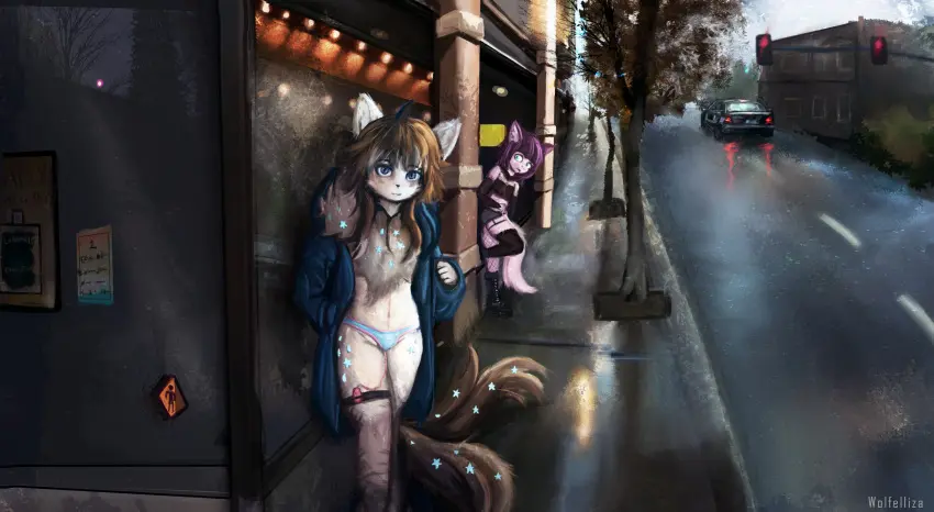 Image blush,clothing,female,hi_res,looking_at_viewer,standing,blue_eyes,tail,panties,underwear,female_focus,duo,happy,hair,anthro,scared,brown_hair,canid,canine,fur,mammal,sex_toy,looking_at_another,white_body,purple_body,female/female,tree,star,anthro_only,magic,fox,plant,tuft,topwear,white_fur,day,scared_face,street,city,multi_tail,vehicle,vibrator,garter_straps,car,chest_tuft,inner_ear_fluff,city_background,exhibitionism,2_tails,egg_vibrator,coat,on_one_leg,crystal,traffic_light,chest_fur,wolfelliza,zianya_(wofelliza)