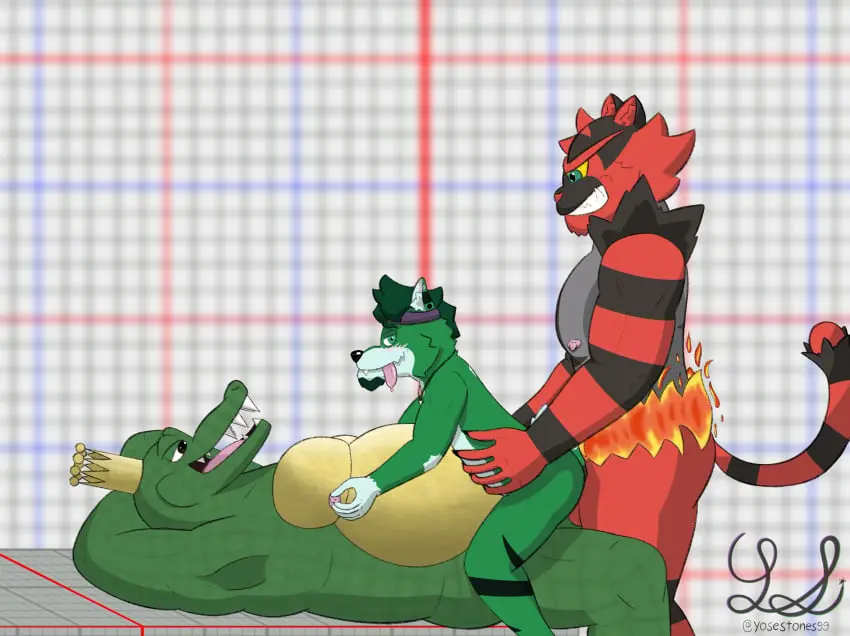 Image blush, hi_res, nipples, smile, male, nude, penis, pokemon, pokemon_(species), pussy, tongue_out, lying, tongue, ass, intersex, male/male, jewelry, teeth, anthro, piercing, vaginal_penetration, penis_in_pussy, necklace, nintendo, penetration, canid, canine, canis, fur, genitals, mammal, wolf, grabbing_from_behind, ear_piercing, enjoying, green_body, scalie, cuntboy, blush_lines, penile, group, trio, penile_penetration, generation_7_pokemon, green_fur, incineroar, flirting_look, nipple_fetish, nipple_play, donkey_kong_(series), super_smash_bros., kerchief, training, bandana, yose_stones, yose_stones_(character), k_rool, kremling, training_room, bandanna_on_forehead, fire_belt