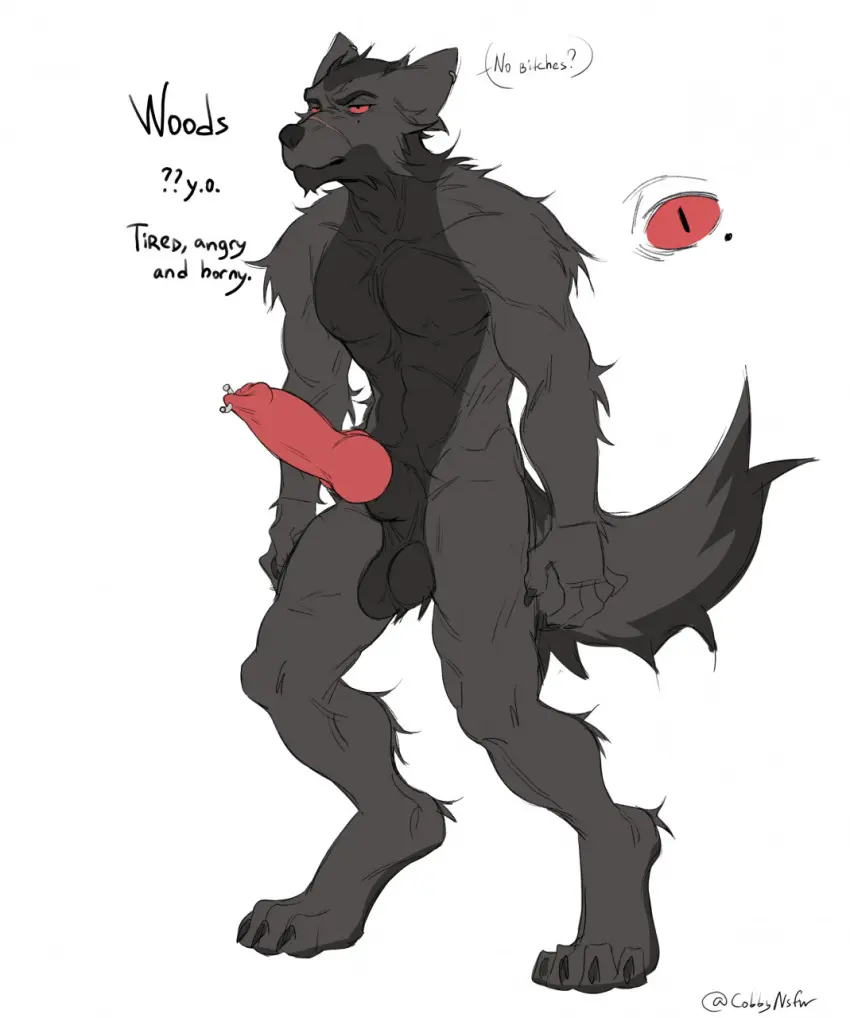 Image hi_res,red_eyes,simple_background,solo,white_background,male,nude,penis,erection,male_only,balls,anthro,piercing,text,canid,canine,canis,fur,genitals,grey_body,grey_fur,mammal,black_body,english_text,male_focus,scar,animal_genitalia,animal_penis,canine_genitalia,canine_penis,knot,black_fur,genital_piercing,penis_piercing,cobu