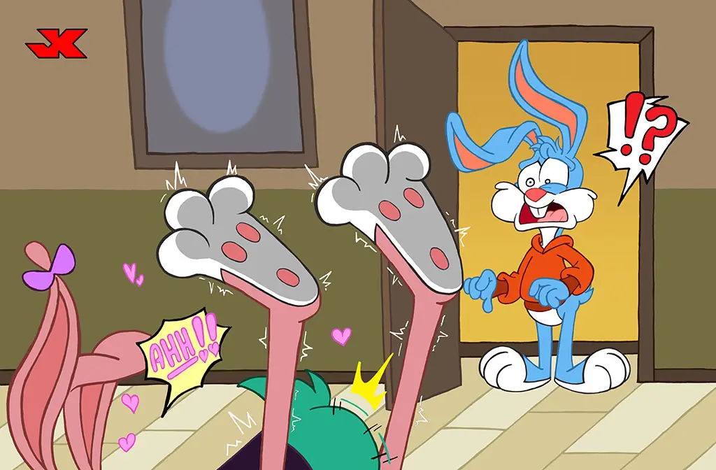 Image clothing,female,male,anthro,fur,mammal,blue_body,avian,bird,hoodie,blue_fur,long_ears,ntr,topwear,lagomorph,leporid,rabbit,group,trio,walk-in,dinosaur,warner_brothers,anatid,anseriform,surprised_look,tiny_toon_adventures,jk,babs_bunny,buster_bunny,tiny_toons_looniversity,hamton_j_pig