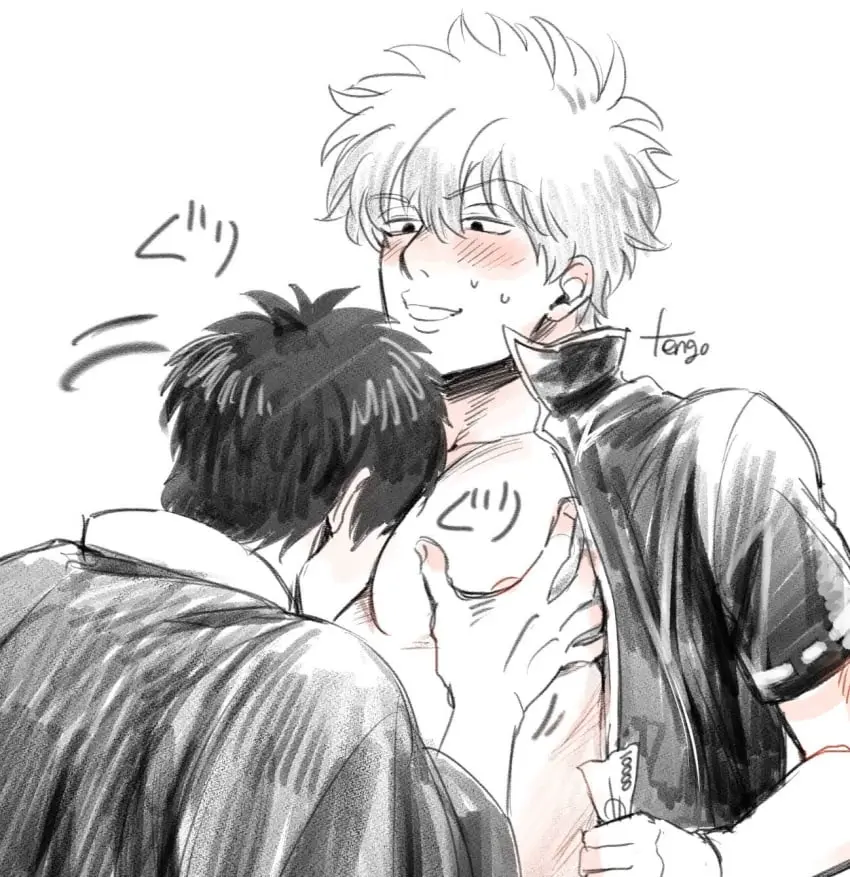 Image blush,breasts,open_shirt,male,male_only,yaoi,flustered,gay,sweatdrop,upper_body,sketch,money,spot_color,pec_grab,face_in_breasts,gintama,gintoki_sakata,hijikata_toshiro,pec_grasp,face_in_pecs,face_in_chest,tttttengo