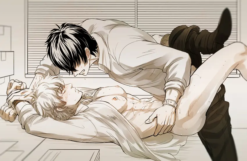 Image blush,open_shirt,cum,male,sweat,on_back,muscular,muscular_male,2boys,anal,anal_sex,male_only,yaoi,side_view,pants_down,on_table,gay,clenched_teeth,restrained,pecs,sleeves_rolled_up,pants_around_one_leg,table,office,bound_wrists,waist_grab,table_sex,wristwatch,wrist_grab,restricted_palette,gintama,gintoki_sakata,hijikata_toshiro,tttttengo