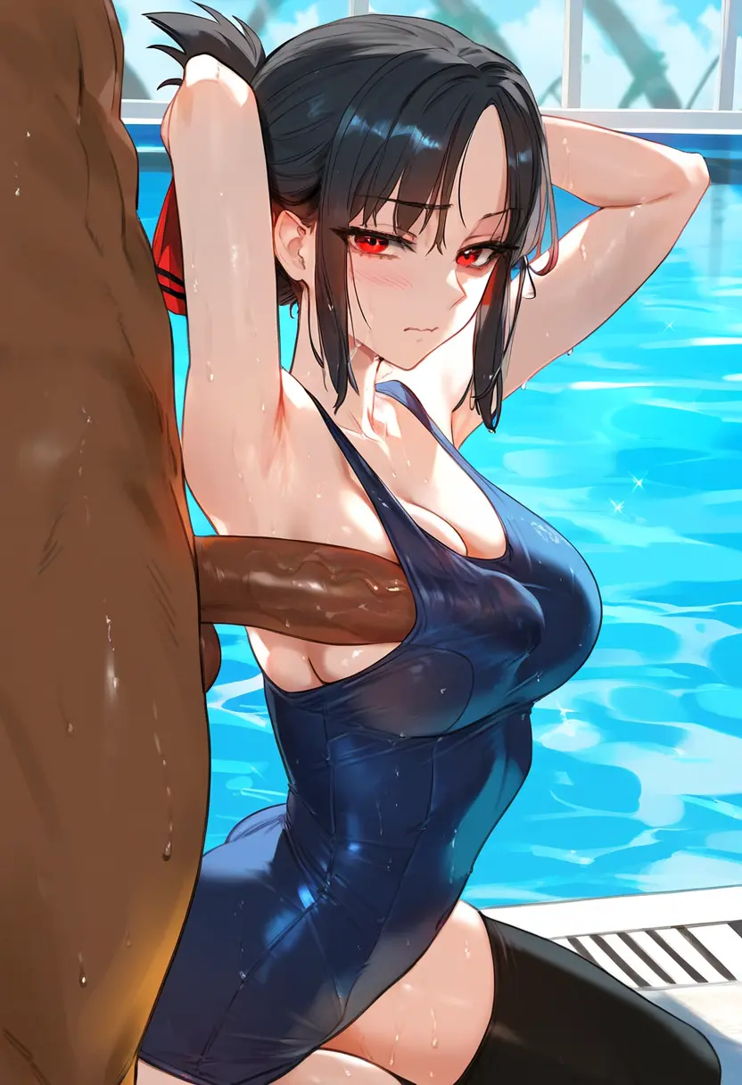 Image 1girls,breasts,female,hair_ornament,light-skinned_female,red_eyes,1boy,black_hair,black_legwear,male,penis,thighhighs,ass,big_penis,thighs,dark-skinned_male,interracial,ai_generated,male/female,medium_breasts,swimsuit,cock,public,latex,kaguya-sama_wa_kokurasetai_~tensai-tachi_no_renai_zunousen~,male_with_female,swimwear,shinomiya_kaguya,black_thighhighs,public_nudity,public_sex,male_on_female,red_bow,swimming_pool,geosan