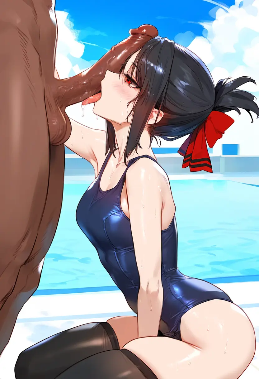 Image 1girls,breasts,female,hair_ornament,light-skinned_female,red_eyes,1boy,black_hair,black_legwear,licking,licking_penis,male,penis,thighhighs,tongue_out,tongue,ass,big_penis,thighs,fellatio,kneeling,dark-skinned_male,interracial,water,ai_generated,male/female,medium_breasts,swimsuit,cock,outdoors,public,latex,kaguya-sama_wa_kokurasetai_~tensai-tachi_no_renai_zunousen~,male_with_female,swimwear,shinomiya_kaguya,black_thighhighs,cock_worship,public_nudity,public_sex,tongue_out_blowjob,male_on_female,red_bow,swimming_pool,geosan,tongue_job