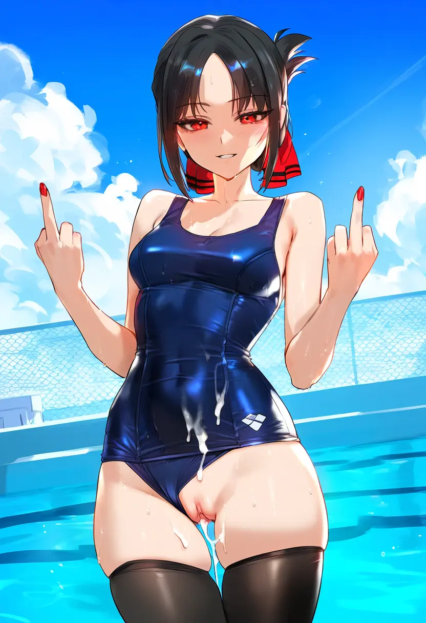 Image 1girls,breasts,female,hair_ornament,light-skinned_female,red_eyes,black_hair,black_legwear,penis,pussy,thighhighs,ass,thighs,ai_generated,medium_breasts,swimsuit,after_sex,after_vaginal,public,latex,kaguya-sama_wa_kokurasetai_~tensai-tachi_no_renai_zunousen~,swimwear,shinomiya_kaguya,black_thighhighs,public_nudity,public_sex,red_bow,swimming_pool,geosan
