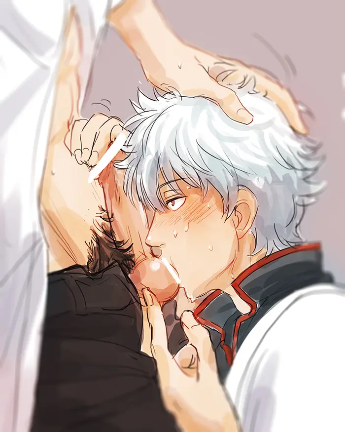Image blush,open_shirt,white_hair,male,oral,penis,sweat,erection,2boys,male_only,yaoi,side_view,solo_focus,balls,censored,gay,pubic_hair,handjob,male_pubic_hair,bar_censor,hand_on_another's_head,profile,open_pants,penis_out,gintama,gintoki_sakata,hijikata_toshiro,glansjob,balls_fondling,tttttengo,balls_sucking