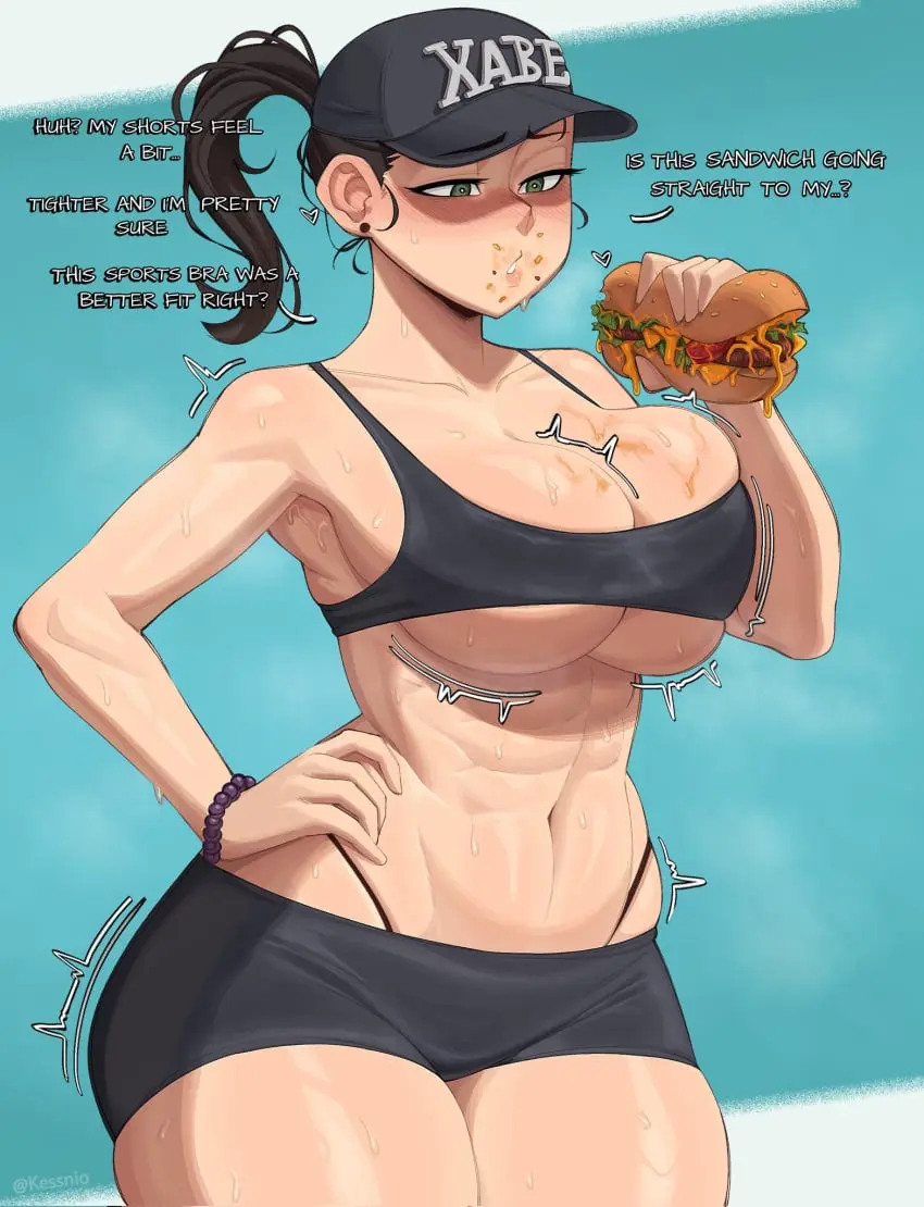 Image 1girls,big_breasts,breasts,female,large_breasts,thick_thighs,thighs,voluptuous,ponytail,sports_bra,cleavage,huge_breasts,text,green_eyes,original,original_character,busty,curvy,curvy_body,curvy_female,curvy_figure,english_text,curvaceous,abs,cap,english,ass_expansion,breast_expansion,food,sandwich,kessnio