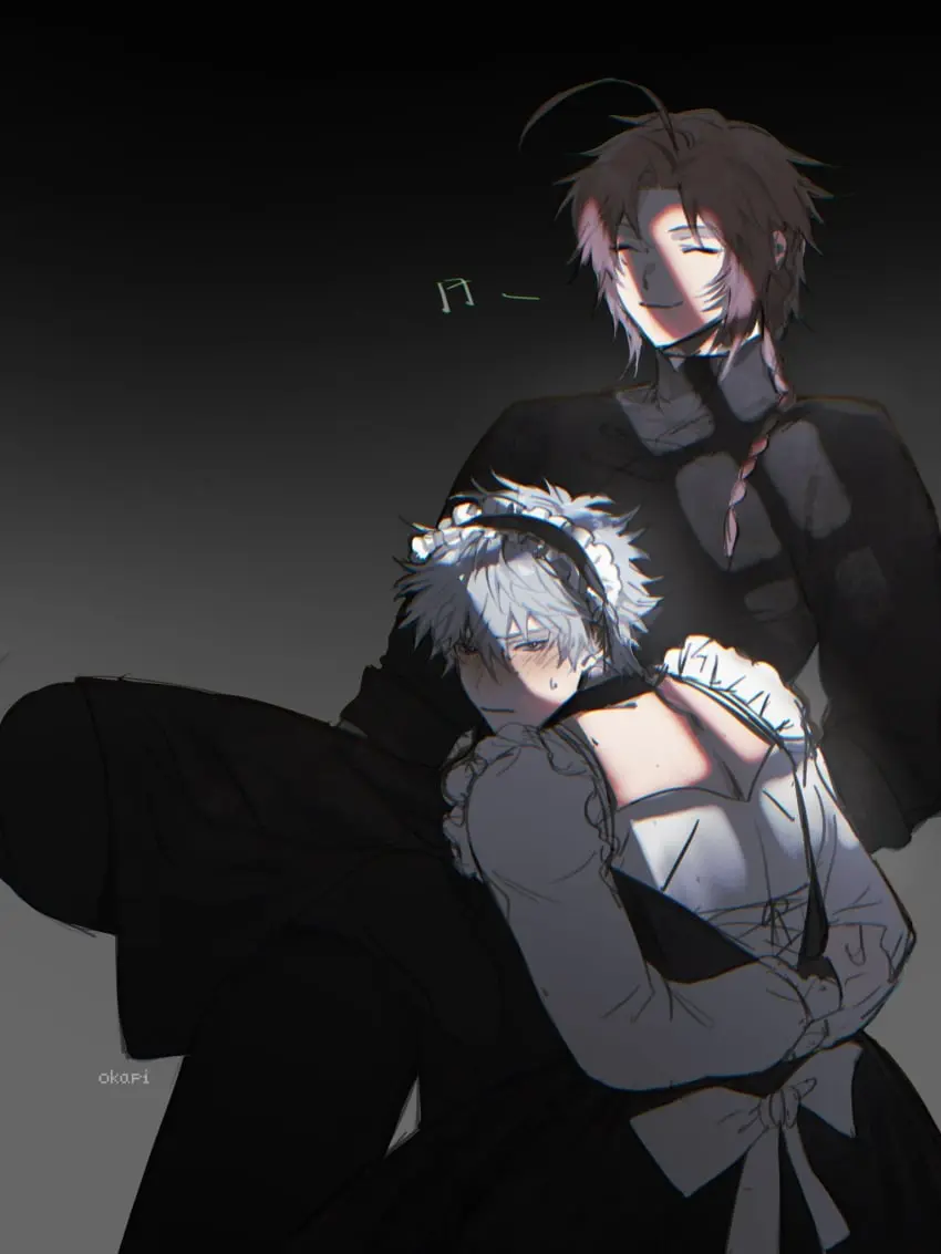 Image blush,long_hair,looking_at_viewer,smile,white_hair,male,looking_back,crossdressing,male_only,yaoi,orange_hair,gay,maid,maid_uniform,maid_headdress,submissive_male,submission,submissive,fully_clothed,arms_behind_back,chinese_clothes,masculine_crossdresser,long_hair_male,gintama,gintoki_sakata,aostercc0707,forced_crossdressing,kamui_(gintama)