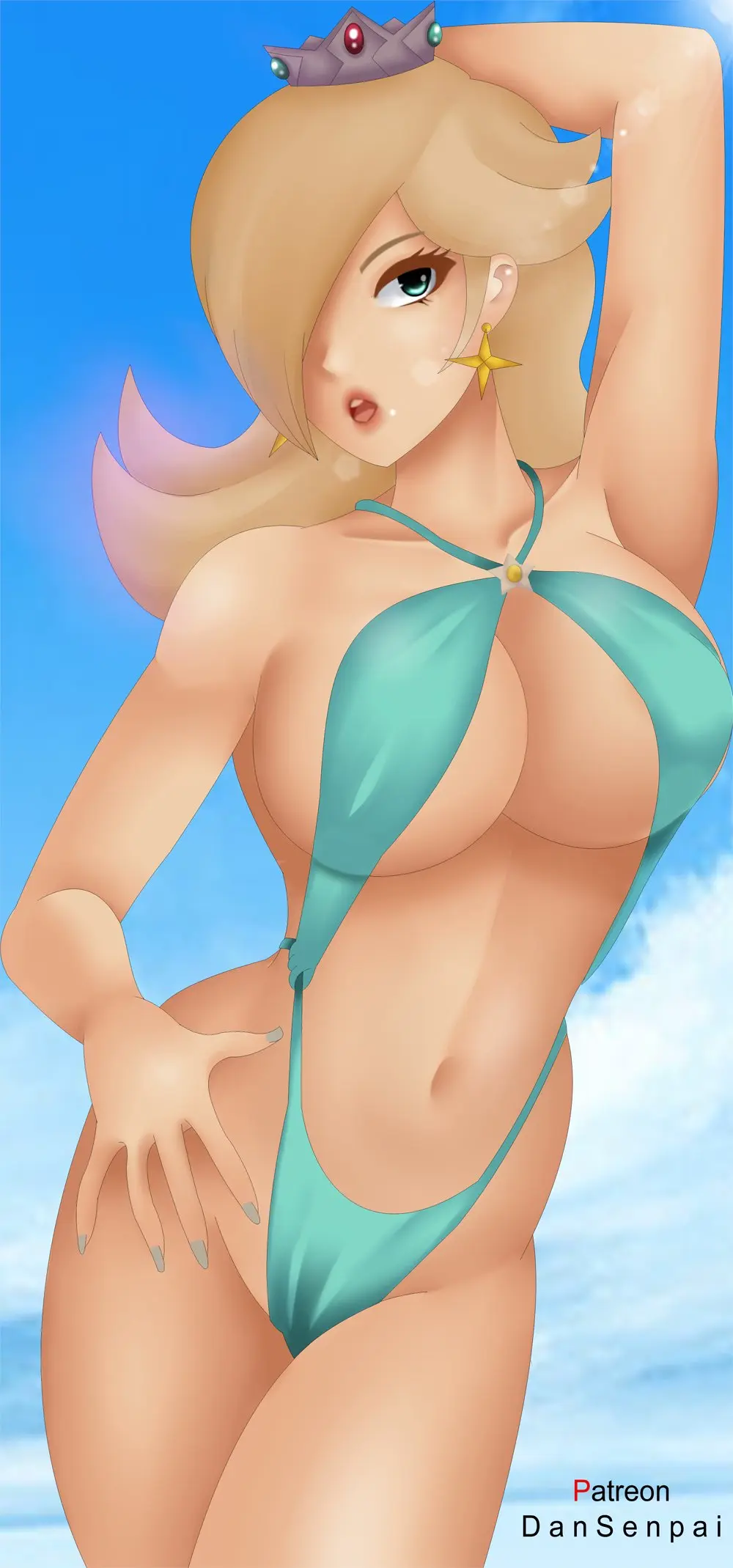 Image 1girls,breasts,female,light-skinned_female,light_skin,long_hair,looking_at_viewer,solo,blue_eyes,earrings,thighs,beach,blonde_hair,one_eye_closed,swimsuit,pale-skinned_female,pale_skin,mario_(series),nintendo,ear_piercing,skimpy,2024,yellow_hair,2020s,blue_nails,crown,summer,one_eye_obstructed,skimpy_bikini,one_eye_covered,super_mario_galaxy,princess_rosalina,blue_nail_polish,dansenpai,nidavellir,nidavellirstudios
