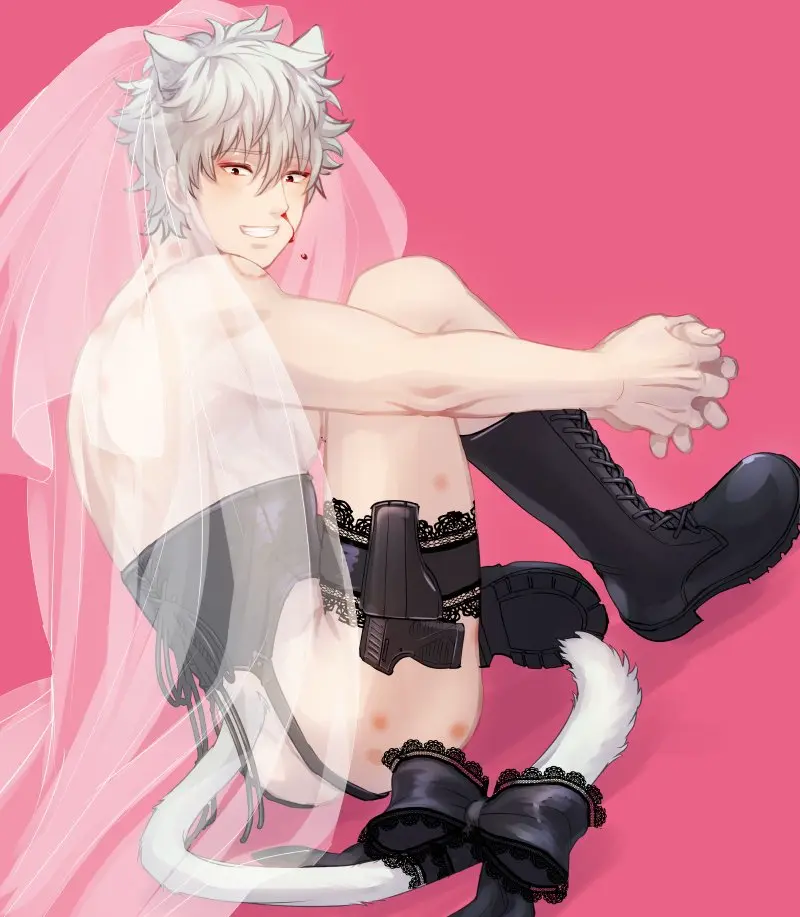 Image looking_at_viewer,smile,solo,white_hair,animal_ears,male,looking_back,cat_ears,male_only,grin,kemonomimi,sitting,pale_skin,cat_tail,blood,bite_mark,alternate_costume,full_body,corset,weapon,nosebleed,boots,hickey,garter_straps,pink_background,gun,wedding_veil,catboy,lace,bite_marks,bridal_veil,pale-skinned_male,garter,gintama,gintoki_sakata,hickey_marks,tttttengo