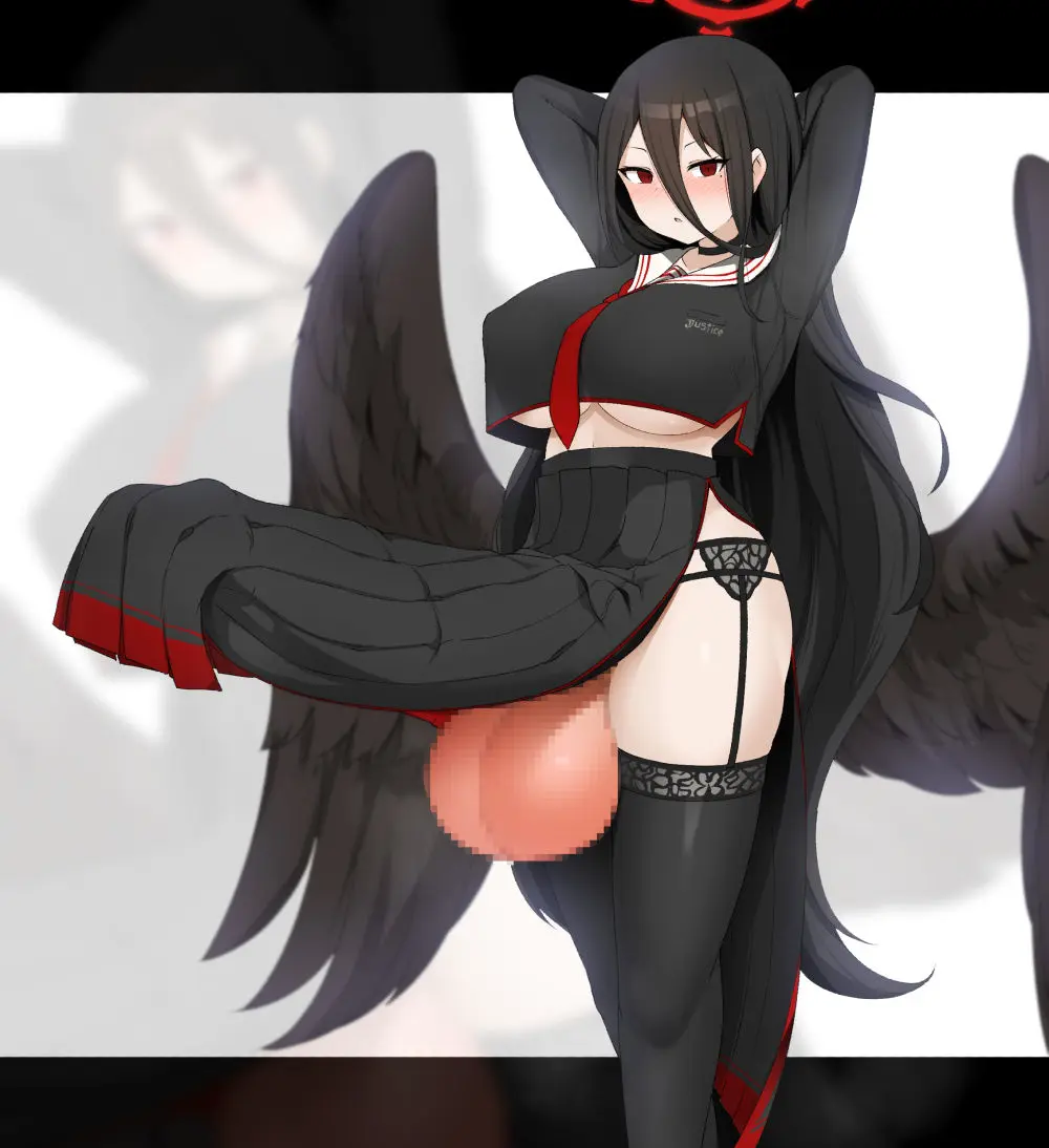 Image big_breasts,blush,breasts,clothed,clothing,human,light_skin,long_hair,mostly_clothed,red_eyes,solo,standing,black_hair,penis,thighhighs,blue_archive,thick_thighs,1futa,erection,futanari,intersex,light-skinned_futa,wide_hips,arms_behind_head,arms_up,balls,huge_cock,testicles,futa_only,censored,mosaic_censoring,hasumi_(blue_archive),big_balls,long_penis,arms_behind_back,ftnranat,penis_to_the_knees,covered_penis,size_fetish
