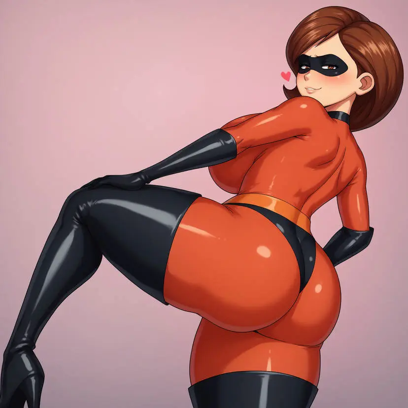 Image 1girls,big_breasts,blush,breasts,brown_eyes,female,female_only,hi_res,highres,looking_at_viewer,simple_background,smile,solo,bangs,elbow_gloves,short_hair,thighhighs,ass,big_ass,disney,looking_back,thick_thighs,ai_generated,side_view,stable_diffusion,busty,curvy,posing,brown_hair,heart,ass_focus,mother,bodysuit,mommy,elastigirl,helen_parr,the_incredibles,one_leg_up,thighhigh_boots,seraphim_ai,pony_diffusion_xl,domino_mask