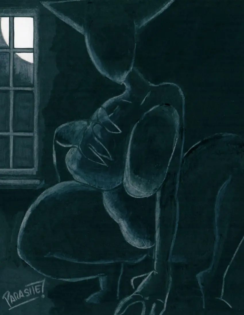 Image 1girls,breasts,female,looking_at_viewer,pussy,artist_name,shadow,spread_legs,original,indoors,night,bedroom,artist_signature,black_skin,faceless,faceless_female,squatting,chubby_female,window,graphite_(artwork),parasitedeath,innie_pussy,horror,nightmare_waifu,entity,parasiteterror