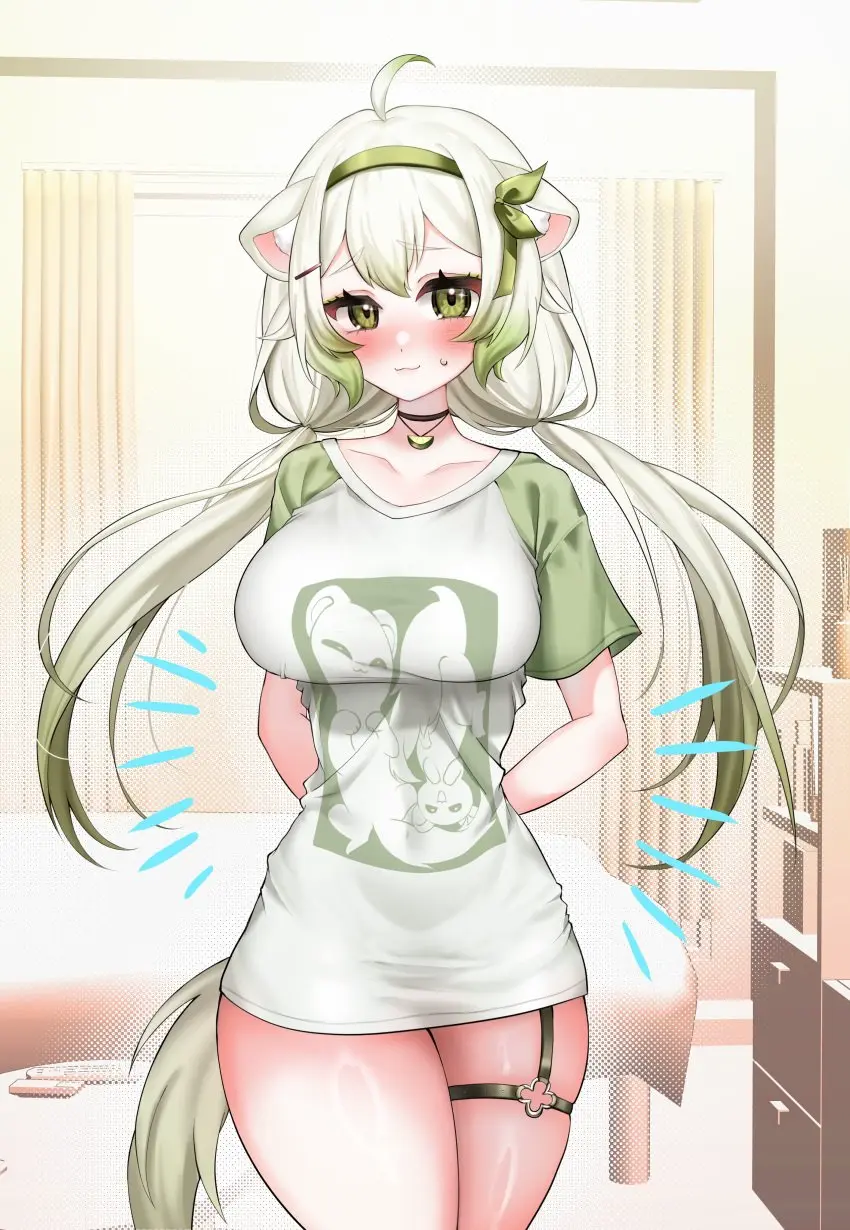 Image 1girls,blush,breasts,female,looking_at_viewer,solo,white_hair,animal_ears,tail,thick_thighs,multicolored_hair,virtual_youtuber,hairband,green_eyes,thick,animal_tail,tight_clothing,no_pants,indie_virtual_youtuber,t-shirt,vinesauce,green_highlights,lime,ferret,ferret_girl,laimu,fushi
