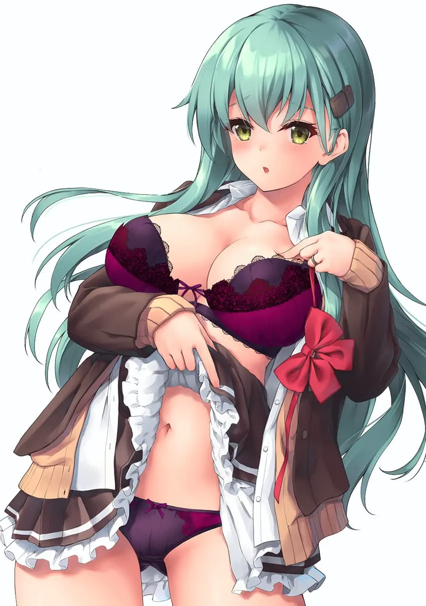 Image blush,bow,breasts,female,female_only,hair_ornament,highres,large_breasts,long_hair,looking_at_viewer,open_clothes,open_shirt,shirt,simple_background,solo,white_background,navel,bra,panties,underwear,aqua_hair,cleavage,collarbone,solo_female,green_eyes,hairclip,parted_lips,bow_panties,skirt,white_shirt,brown_jacket,jacket,clothes_lift,skirt_lift,kantai_collection,suzuya_(kantai_collection),open_jacket,frills,purple_panties,frilled_skirt,bow_bra,purple_bra,suzuya_kai_ni_(kantai_collection),awa_yume