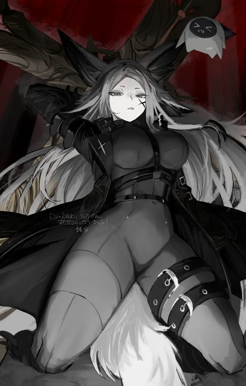 Image female,red_eyes,white_hair,virtual_youtuber,fox_ears,vyugen,skin_tight,face_markings,dya_rikku_(vtuber)