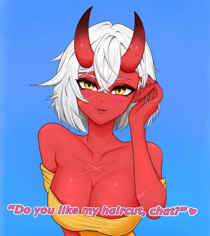 Image female,white_hair,yellow_eyes,virtual_youtuber,horns,red_skin,scars,akumi,oni,oni_horns,vyugen