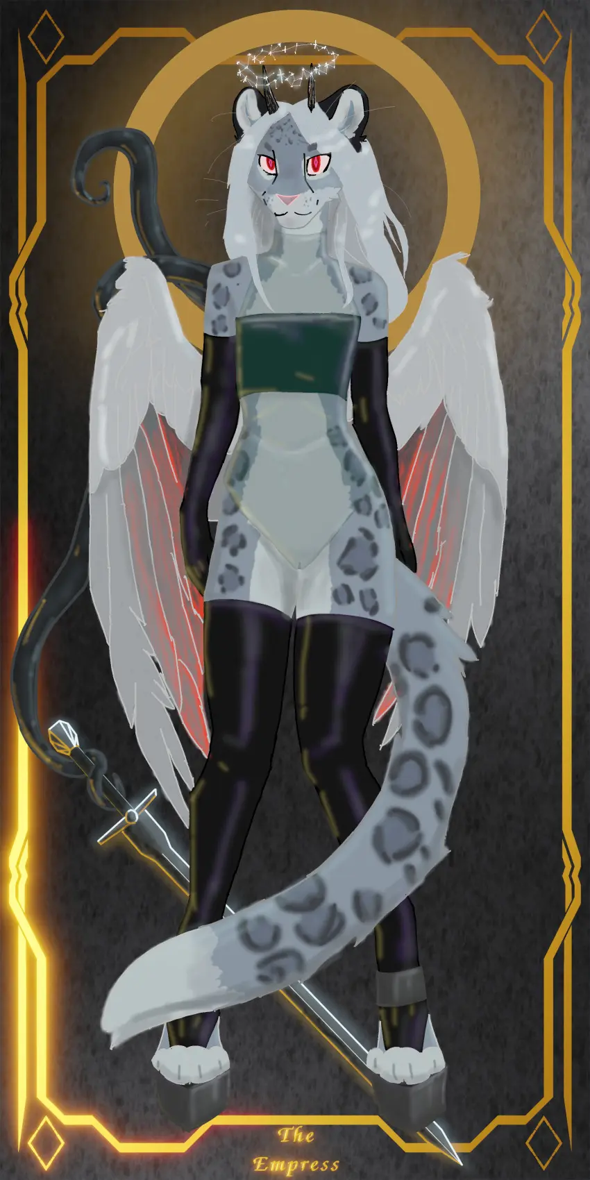 Image clothed,clothing,hi_res,looking_at_viewer,red_eyes,simple_background,solo,standing,elbow_gloves,gloves,pussy,tail,intersex,wide_hips,bare_shoulders,belly,digital_drawing_(artwork),digital_media_(artwork),gold_(metal),headgear,shaded,hair,feathers,wings,anthro,deity,one-piece_swimsuit,halo,slim,stockings,absurd_res,tentacle,high_heels,platform_heels,footwear,genitals,holding_object,mammal,latex,latex_clothing,horn,glistening,legwear,thigh_highs,2024,white_body,cuntboy,leotard,holding_weapon,weapon,flat_chested,fully_clothed,swimwear,tuft,topwear,handwear,armwear,felid,silver_hair,crown,pantherine,glistening_clothing,pink_nose,white_feathers,sword,royalty,latex_handwear,latex_gloves,latex_handware,latex_legwear,melee_weapon,snow_leopard,eye_through_hair,inner_ear_fluff,translucent,translucent_hair,whiskers,relaxing,intersex_only,tail_tuft,glistening_hair,toeless_legwear,toeless_stockings,holding_sword,ineffective_clothing,holding_melee_weapon,card,white_belly,latex_stockings,open_toe_heels,platform_footwear,white_sclera,cel_shading,latex_armwear,tarot,tarot_card,bandeau,eldritch_being,toeless_thigh_highs,ankle_strap_heels,evelyn_ivy,evelyn_river_ivy,longsword,serene,translucent_latex,translucent_leotard