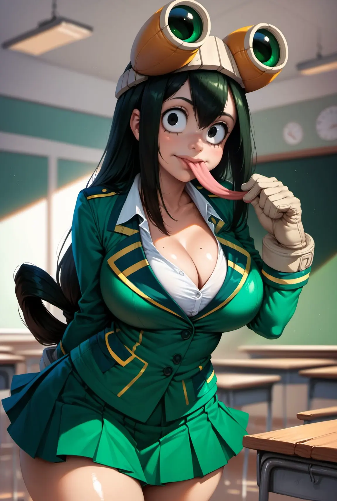 Image 1girls,big_breasts,breasts,female,large_breasts,solo,thick_thighs,ai_generated,cleavage,my_hero_academia,school_uniform,boku_no_hero_academia,skirt,classroom,tsuyu_asui,league69
