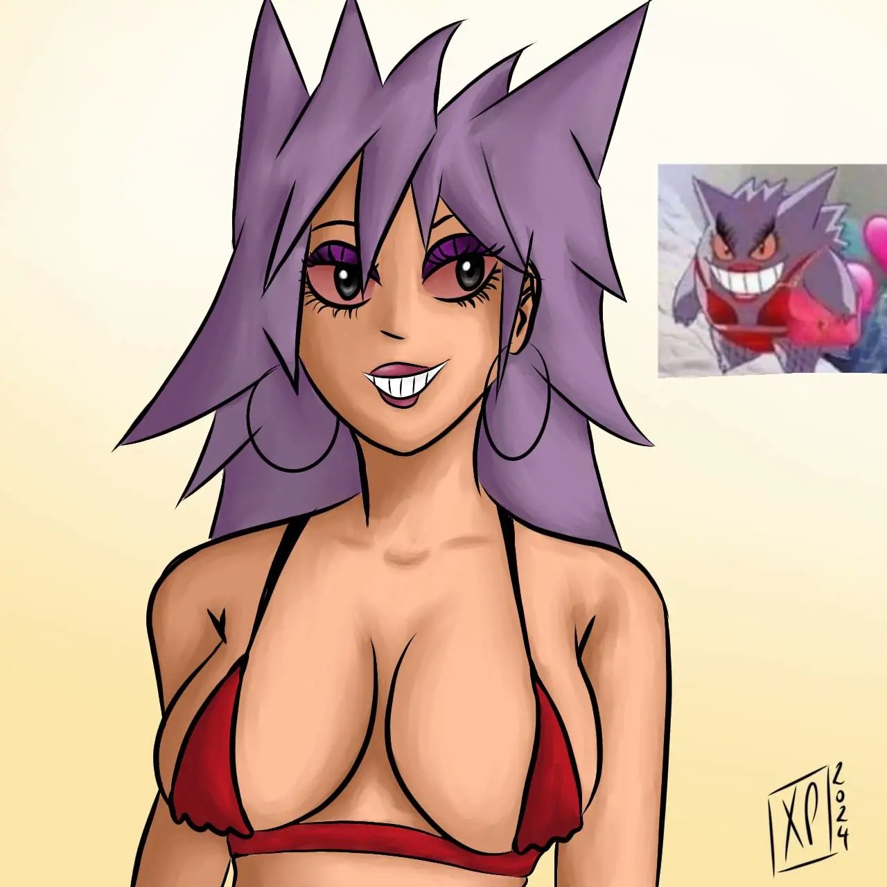 Image big_breasts,breasts,female,smile,pokemon,pokemon_(species),bikini,female_focus,bikini_top,transformation,gengar