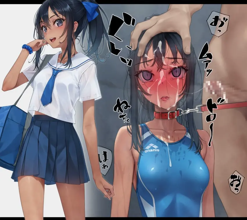 Image blush,bow,female,highres,looking_at_viewer,1boy,blue_eyes,cum,male,penis,sidelocks,ponytail,collarbone,jewelry,one-piece_swimsuit,parted_lips,swimsuit,facial,original,school_uniform,bukkake,restrained,collar,skirt,pleated_skirt,bracelet,bondage,necktie,leash,uniform,cum_on_hair,empty_eyes,cum_on_penis,red_collar,sailor_collar,bag,cum_on_clothes,tan,blue_necktie,after_ejaculation,blue_bow,competition_swimsuit,murakami_suigun